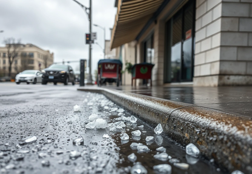 Pedras de granizo na rua molhada depois do temporal