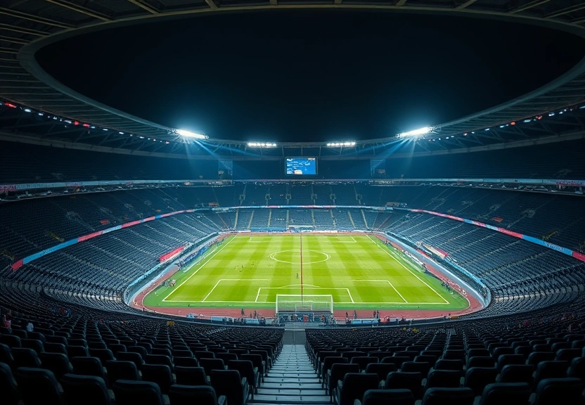 Estádio de futebol vazio à noite, com os refletores acesos