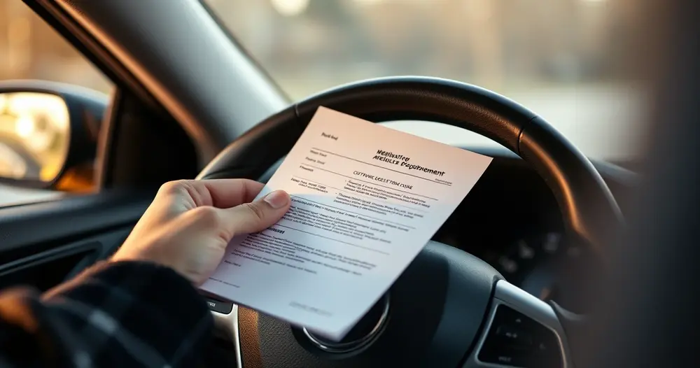 Mãos segurando documento veicular dobrado sobre o volante de um carro, com luz interna quente