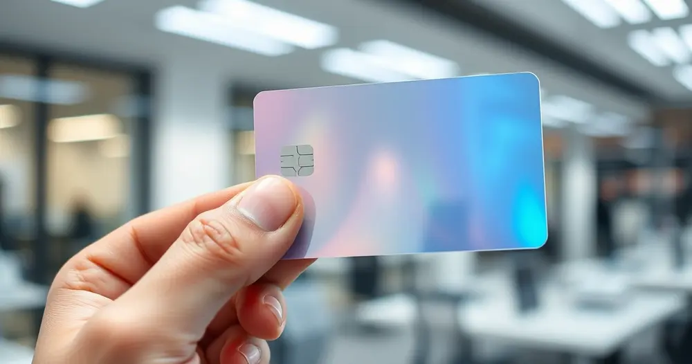 Cartão plástico segurado entre dois dedos contra fundo de escritório desfocado, com brilho holográfico