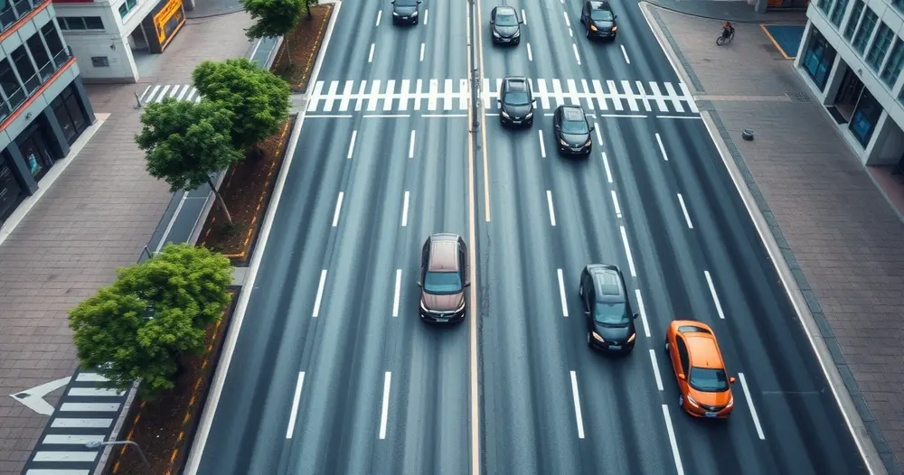Vista aérea de avenida urbana de várias faixas com carros em movimento, em plena luz do dia