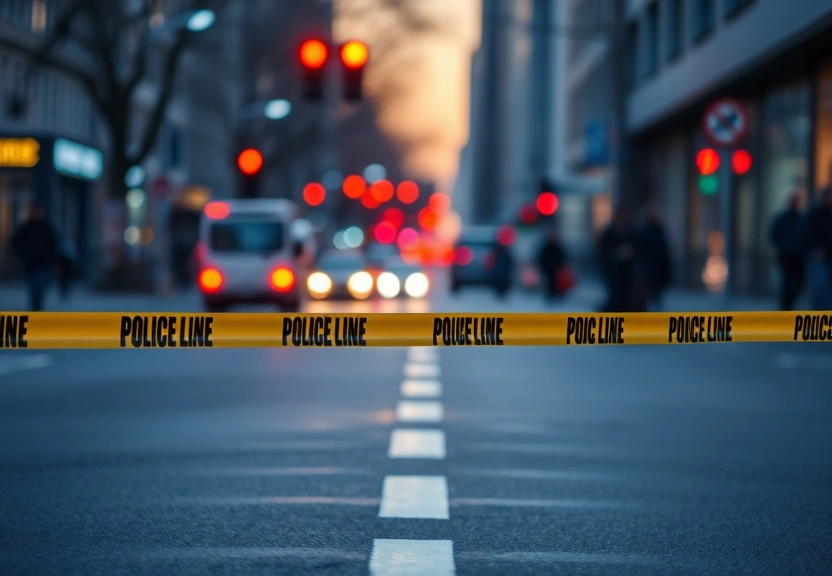 Rua da cidade ao anoitecer com faixa de isolamento policial