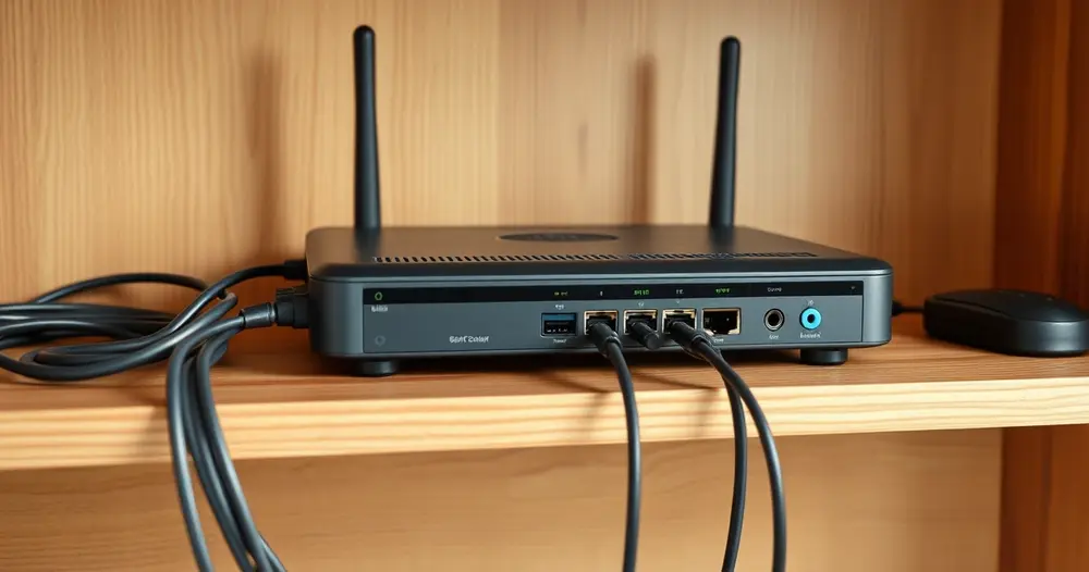 roteador wi-fi com cabos sobre prateleira de madeira
