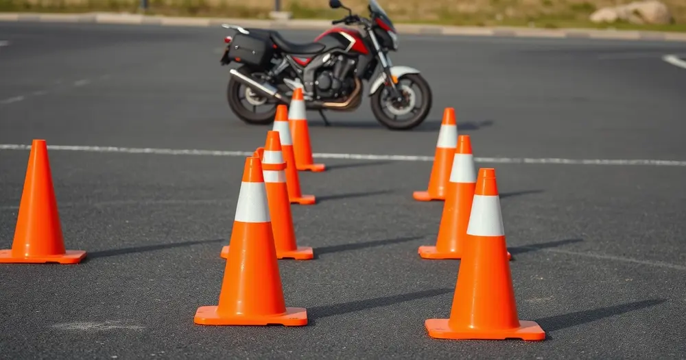 Percurso de cones laranja sobre asfalto em área de treinamento, com moto de instrução ao fundo