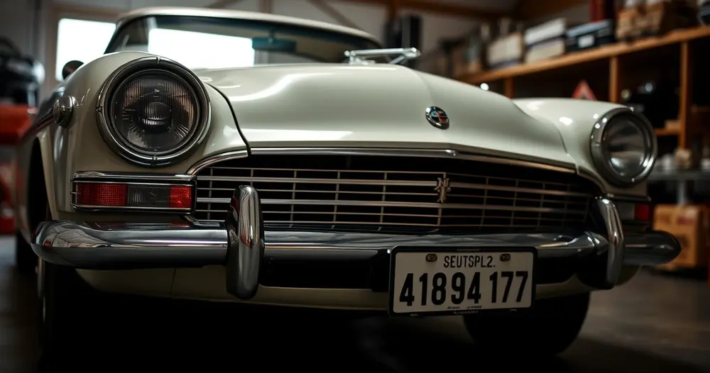 Carro clássico dos anos 1970 estacionado em garagem, com para-choque cromado e faróis redondos em foco