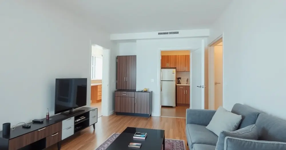 sala de apartamento com televisão e cozinha ao fundo